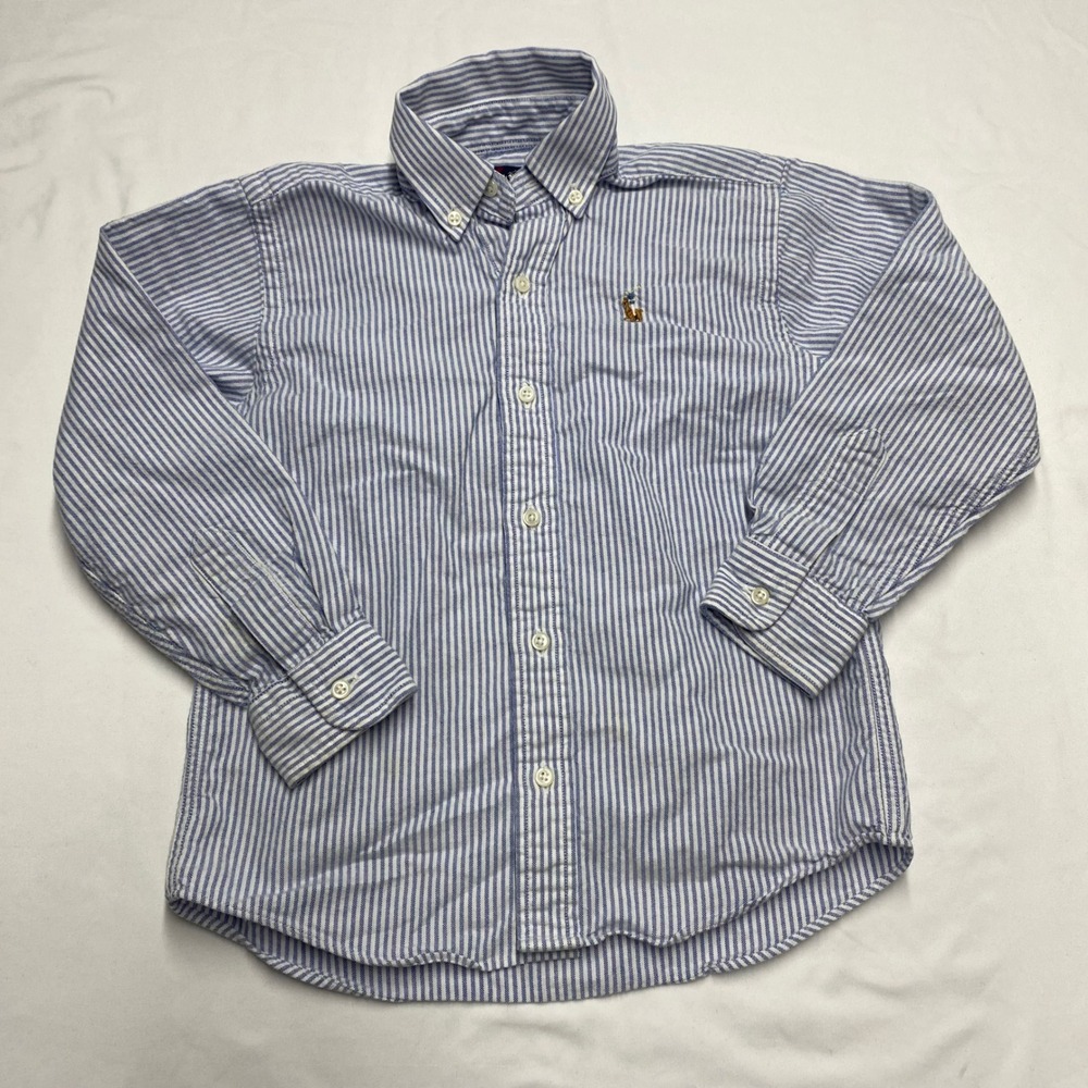 Ralph Lauren Boys Blue White Striped Oxford Button Down Shirt Size 5 Long Sleeve